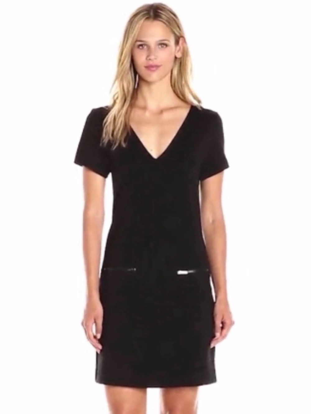 Sanctuary Little Black Sheath Dress V-Neck Zipper Pockets Short Sleeve Mini